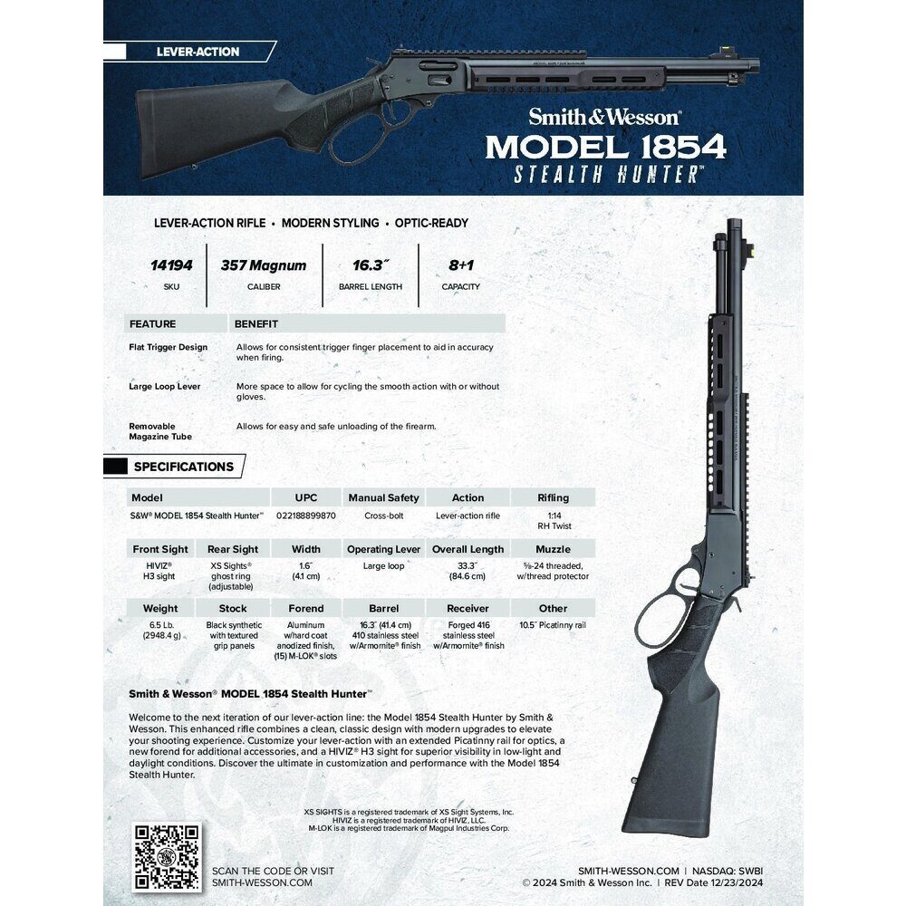 CARABINE A LEVIER SOUS GARDE S&W MODEL 1854 STEALH HUNTER 357 MAG Smith & Wesson