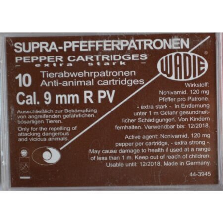 Cartouches 9 mm/380 Pv Supra Pepper Gaz X10 Wadie