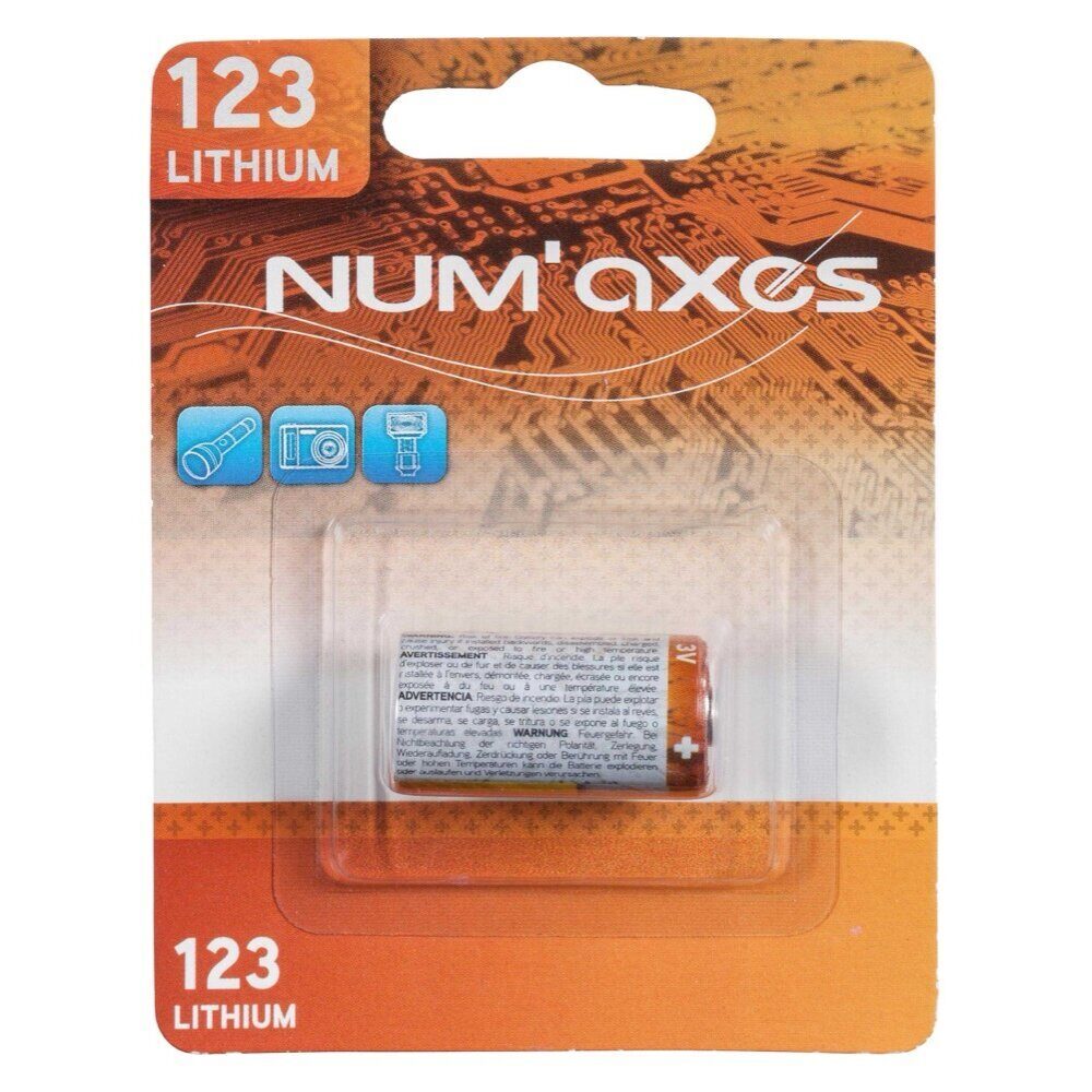 NUM’AXES Pile CR123 Lithium 3V NUMAXES – Blister 1 pile CR123 A lithium 3V (Equival. CR17345-DL123) Num'Axes