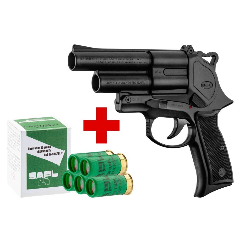 SAPL – Pack Pistolet Gomm-Cogne SAPL GC54 bronzé + 1 boîte de 5 cartouches 12/50 SAPL chevrotine PACK SAPL GC54 DOUBLE ACTION C.12/50 + BOITE X5 CHEVROTINE